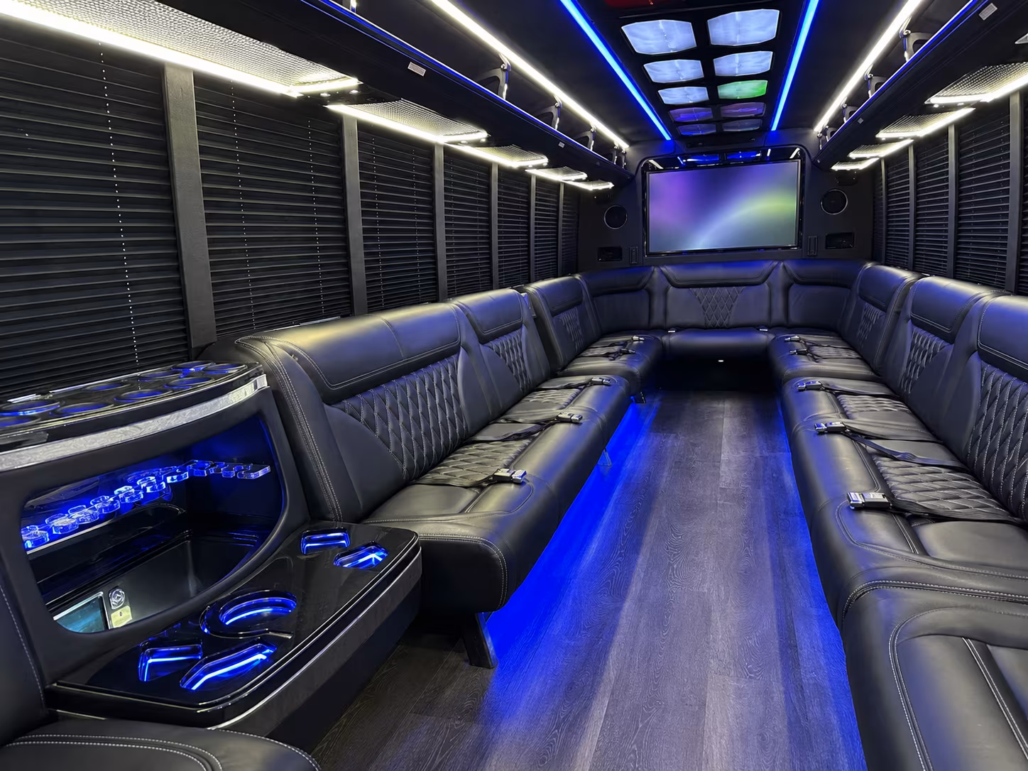 new bedford 20 passenger party bus inside
